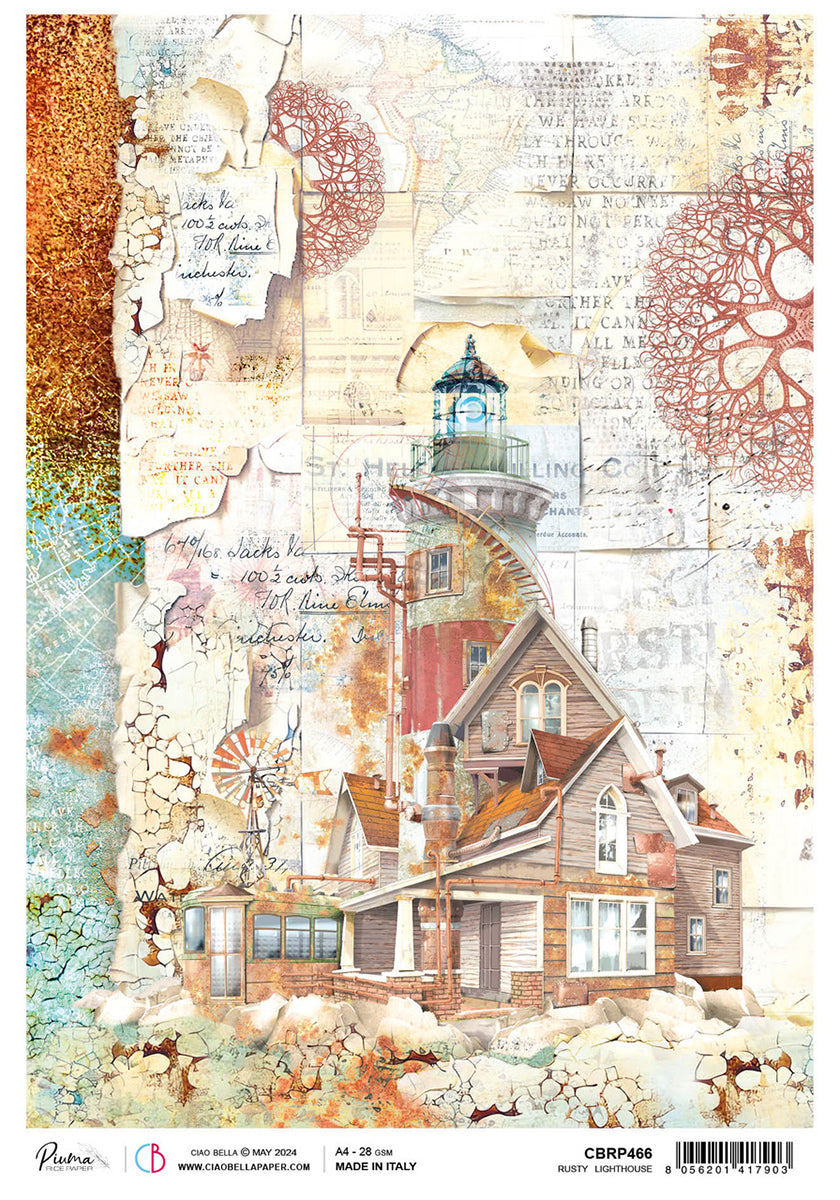 Papier de riz A4 Phare rouillé - 5 feuilles-1