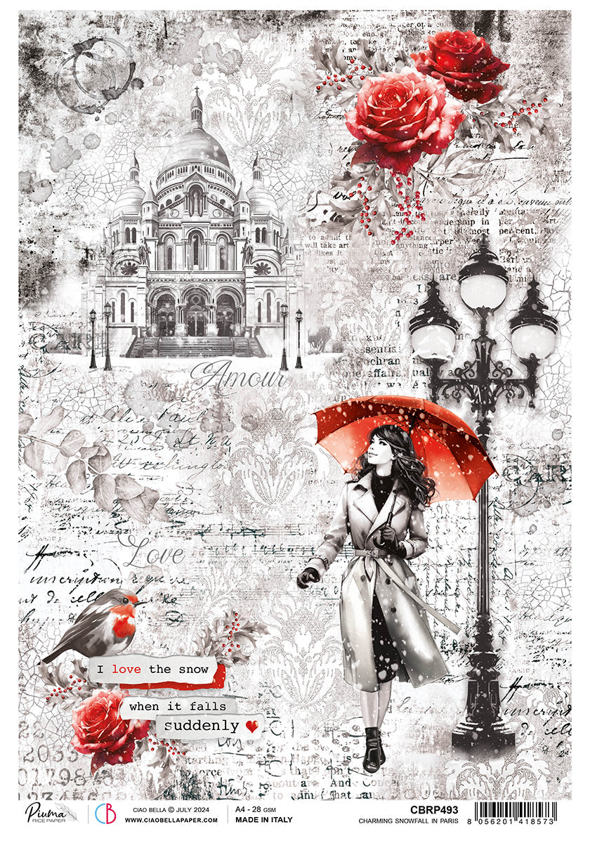 Papier de riz A4 Charmante Chute de Neige à Paris - 5 Feuilles-1