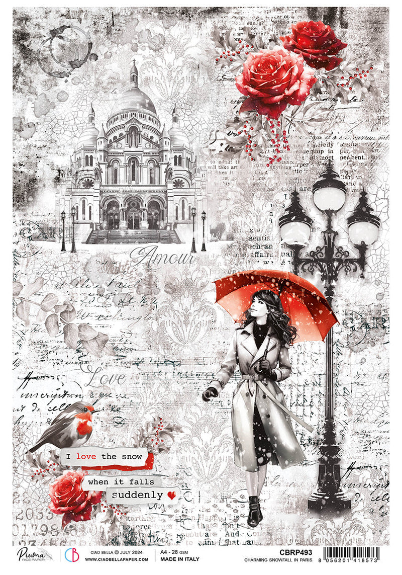 Papier de riz A4 Charmante Chute de Neige à Paris - 5 Feuilles-1