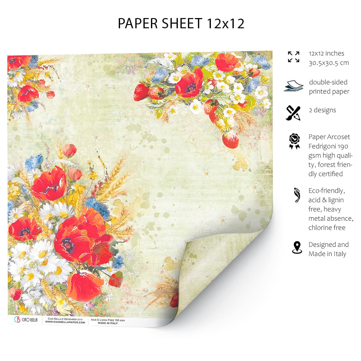 Ciao Bella Wildflower Paper Sheet 12"x12" 1 Sheet-2