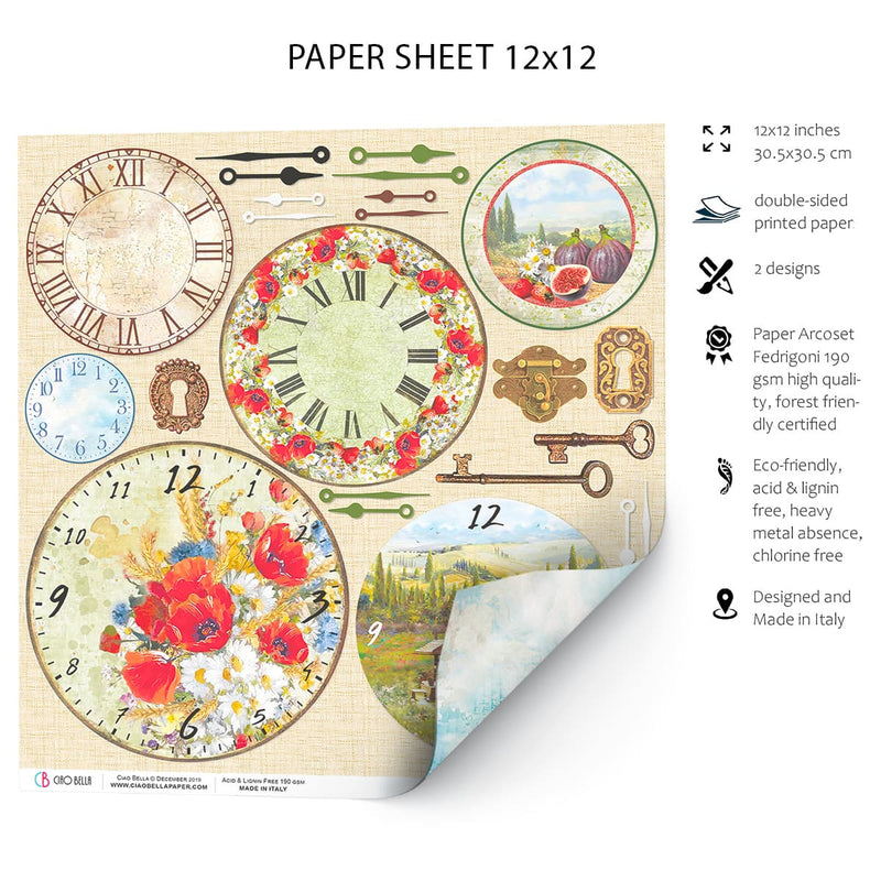 Ciao Bella Tuscan Clocks Paper Sheet 12"x12" 1 Sheet-2