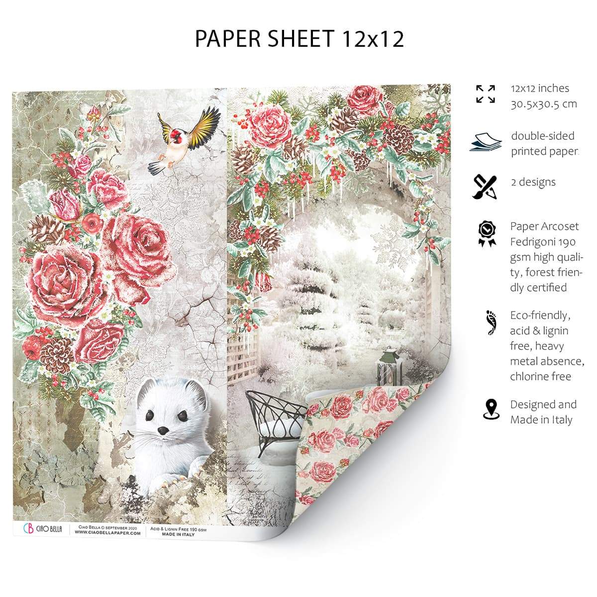 Ciao Bella Frozen Roses Paper Sheet 12"x12" 1 Sheet-2