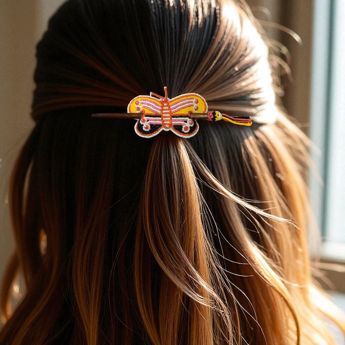 Orange Handmade Beaded Butterfly Barrete-1
