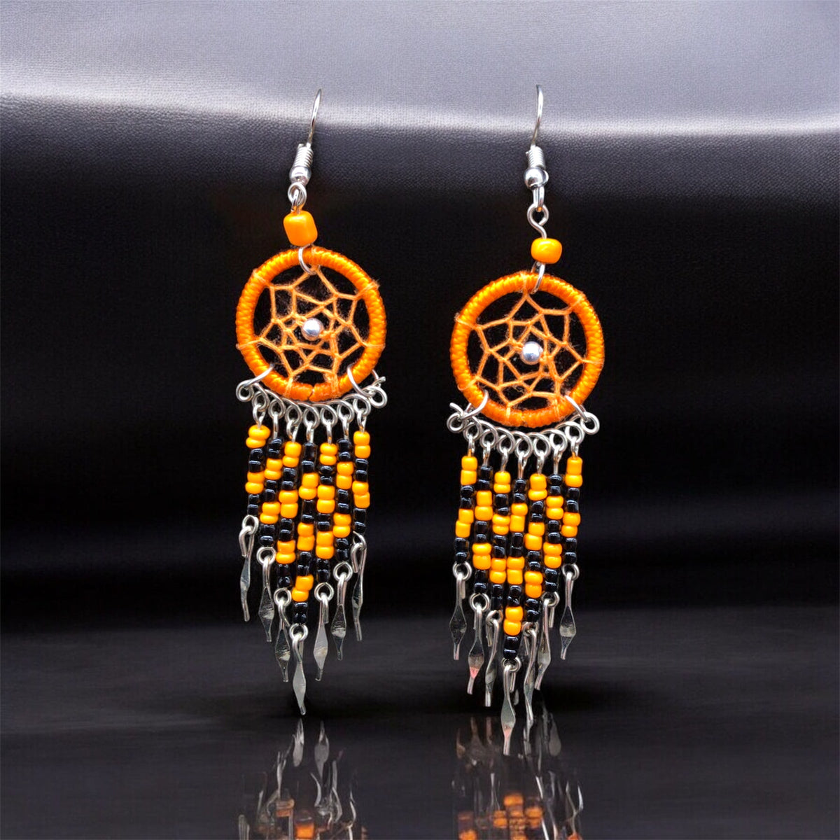 Orange and Black Beaded Dreamcatcher earrings-1