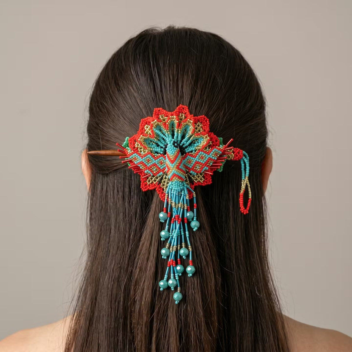 Maple Blossom Hummingbird Beaded Hair Stick Barrette Turquoise-3