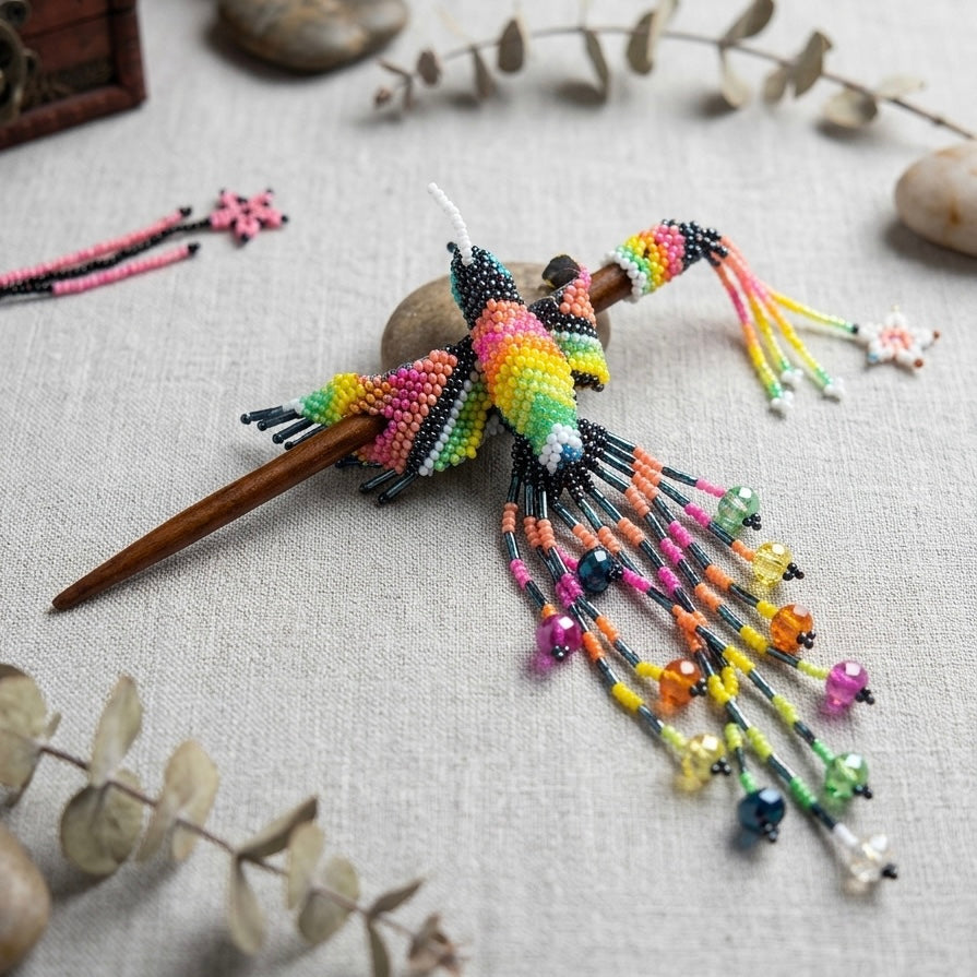 Navy Blue Hummingbird Beaded Hair Stick-2