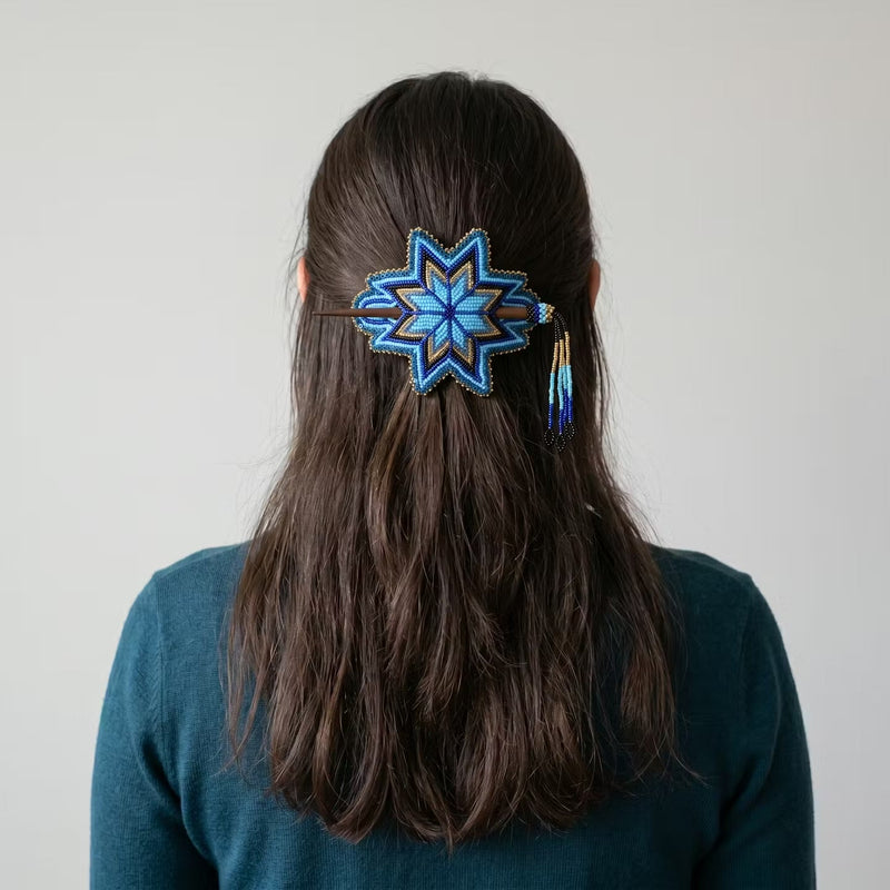 Blue Handmade Beaded Star Barrette-4