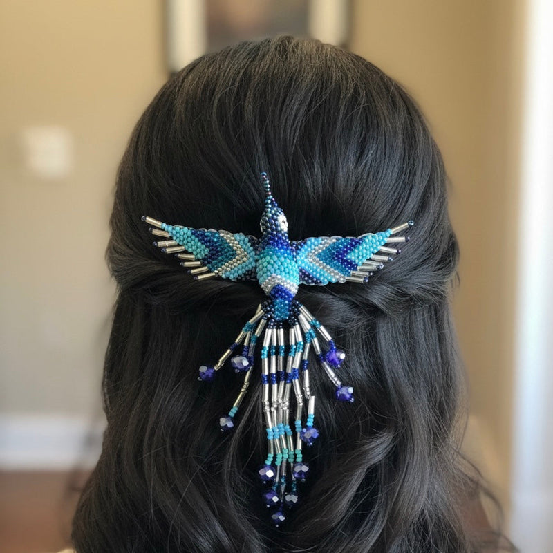 Blue and plate Hummingbird Barrette with Fringes-1