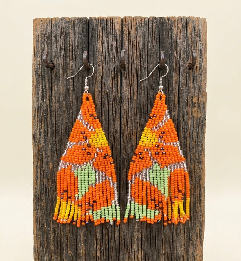 Flower Fringe Beaded Earrings (Orange)-2