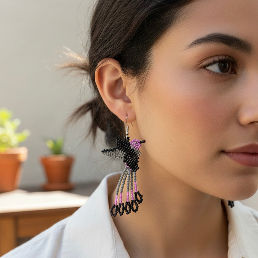 Handmade Beaded Hummingbird Earrings -& Purple and black-1