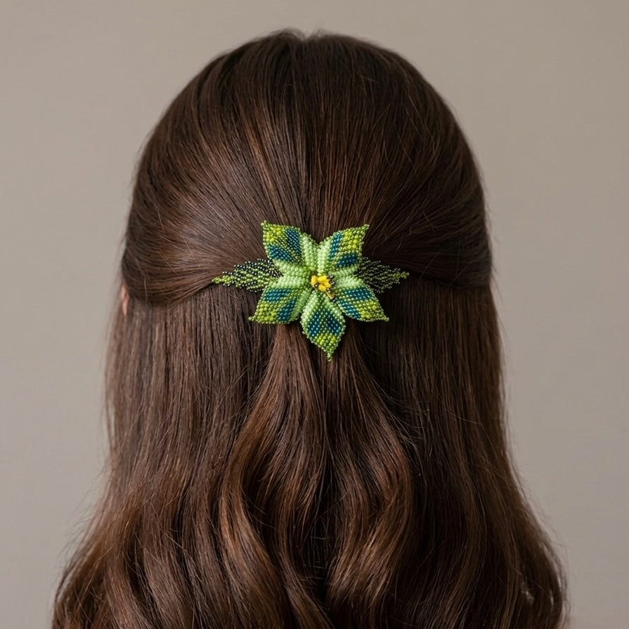 Green Ember Bloom Beaded Hair Barrette