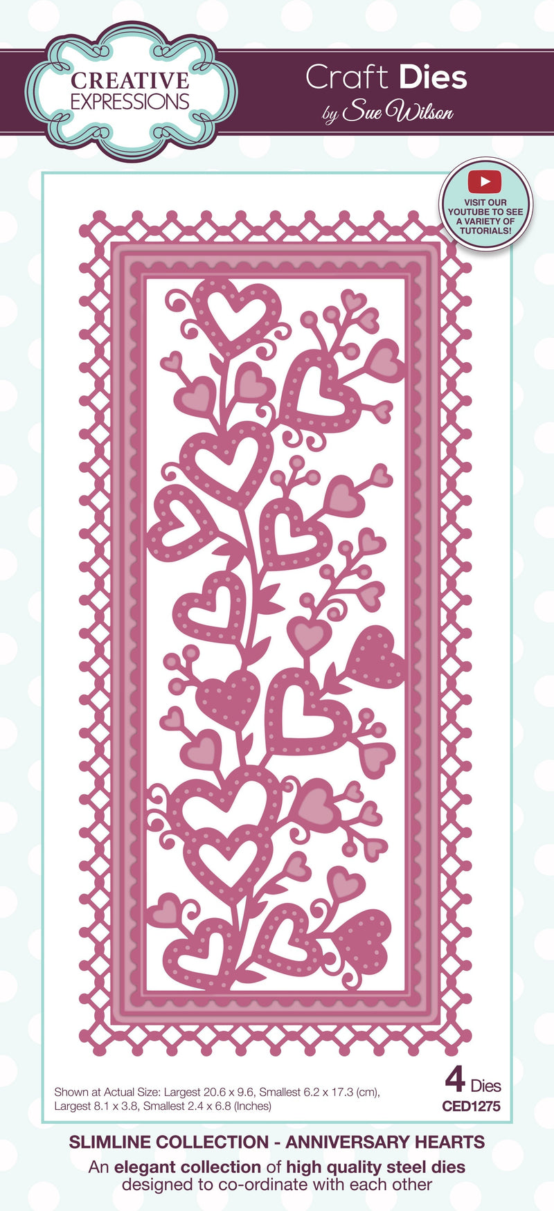 Creative Expressions Sue Wilson Slimline Anniversary Hearts Craft Die-1