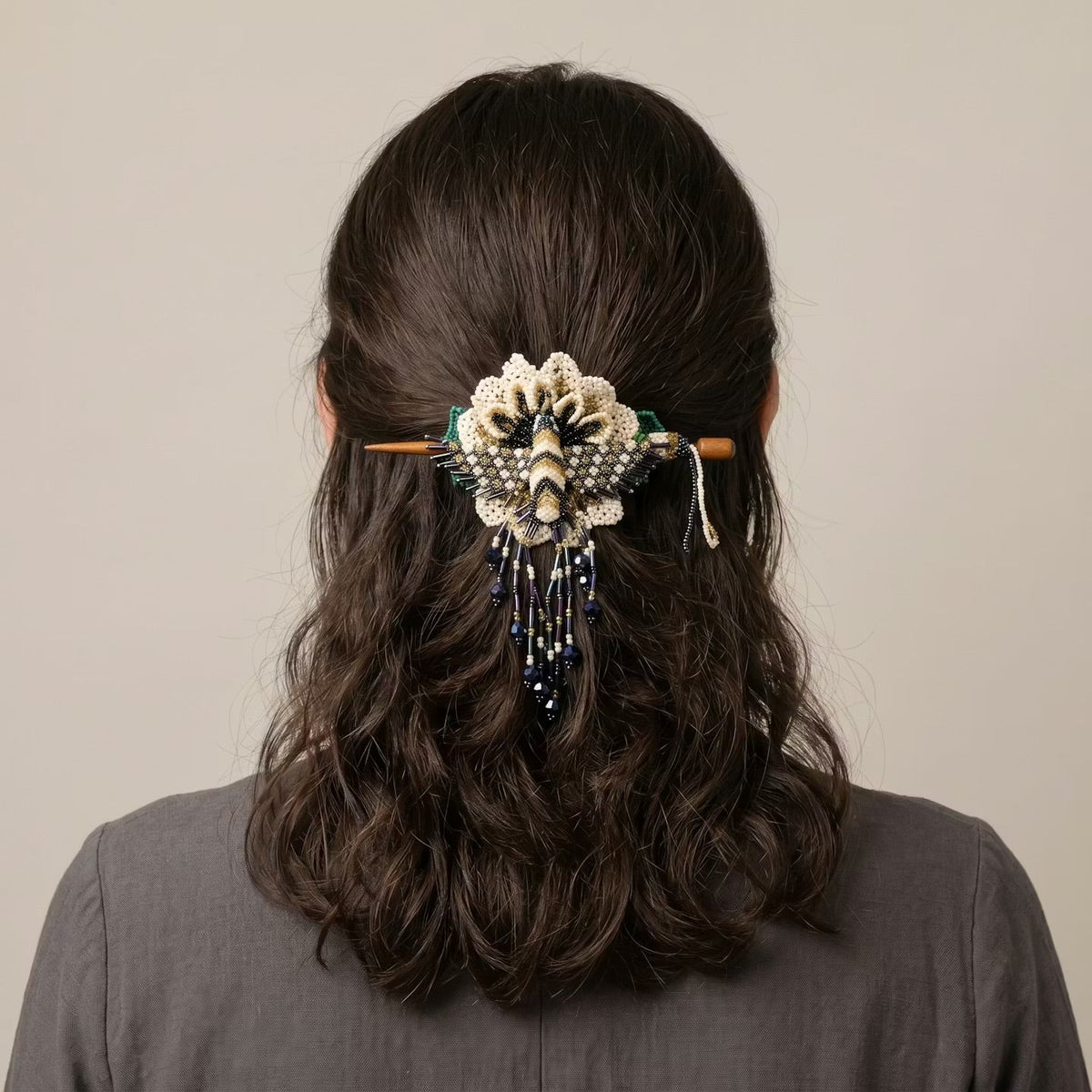 Maple Blossom Hummingbird Beaded Hair Stick Barrette White-2