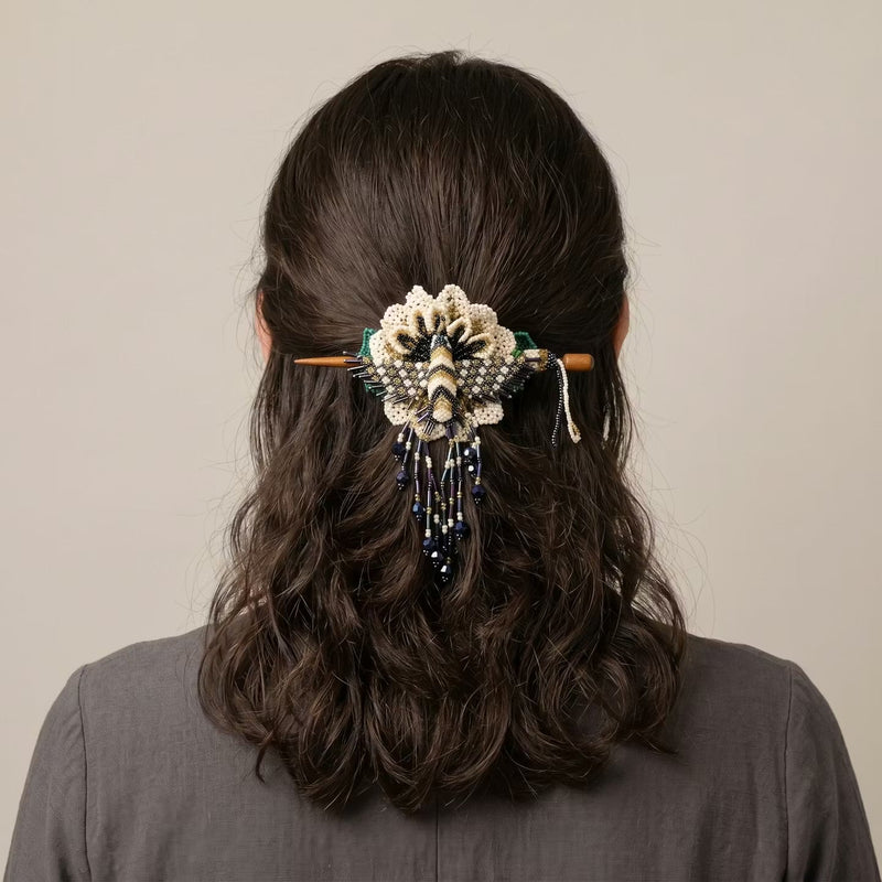 Maple Blossom Hummingbird Beaded Hair Stick Barrette White-2