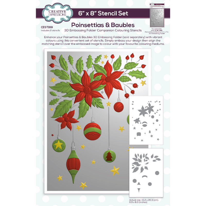 Set de 2 plantillas para colorear Creative Expressions Poinsettias & Baubles, 6 pulgadas x 8 pulgadas