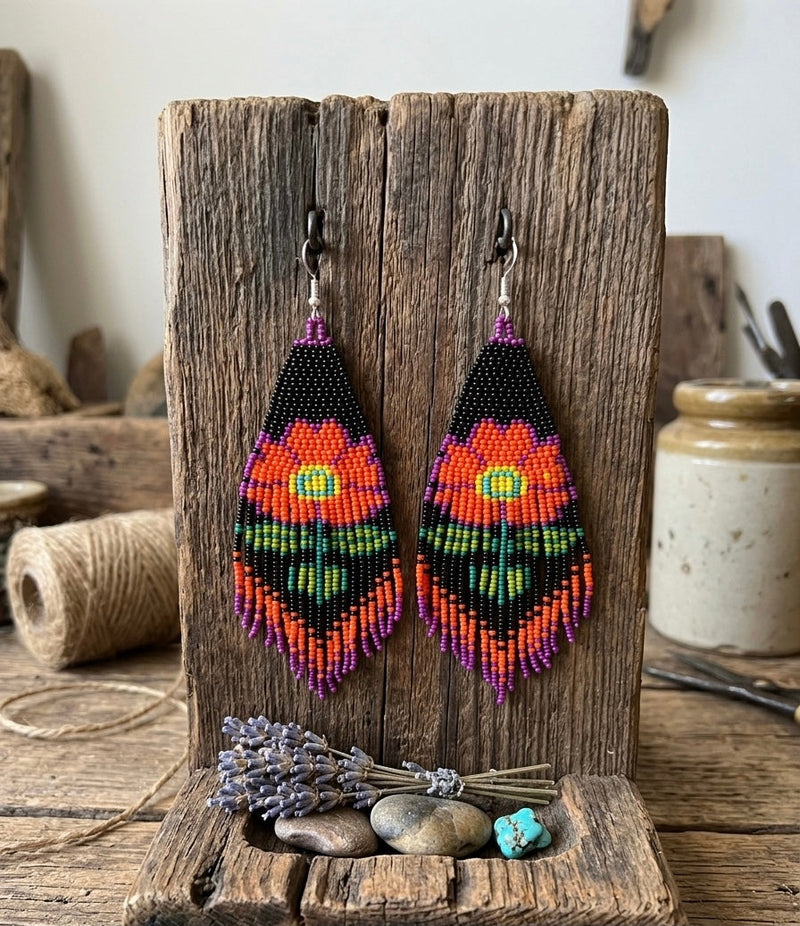 Flower Beaded Earrings ( Orange )-5