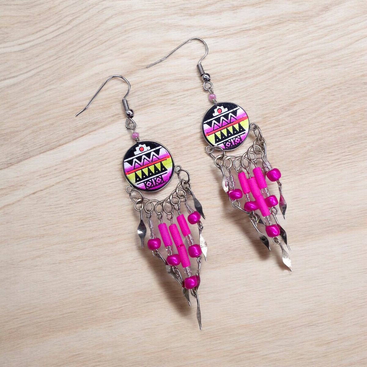 Pink and Black Southwestern Round Shaped Dangle Earrings-2