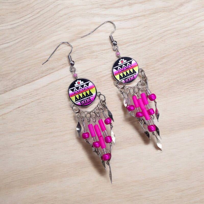 Pink and Black Southwestern Round Shaped Dangle Earrings-2