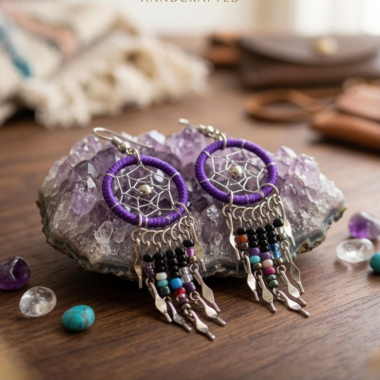 Purple Beaded Dreamcatcher earrings-2