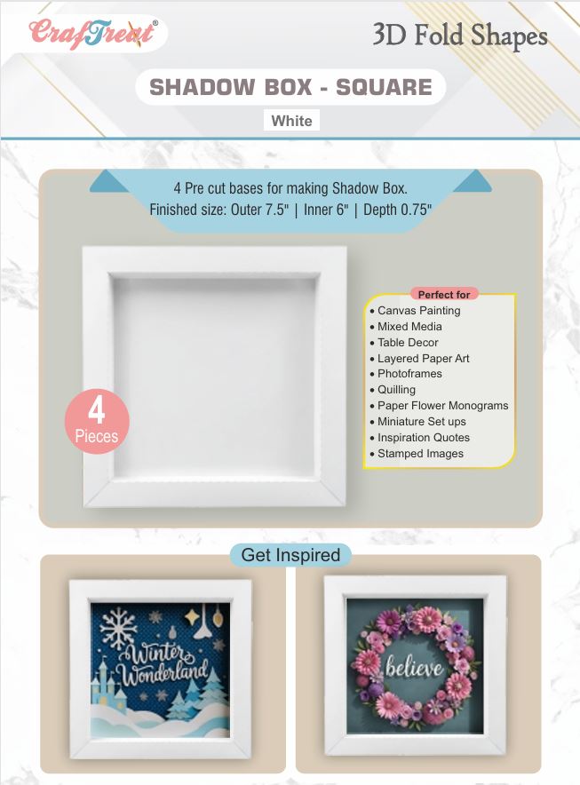 CrafTreat 3D Fold Shapes - Shadow Box White - Square 4pcs-1