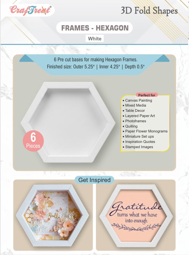 CrafTreat 3D Fold Shapes - Frames White - Hexagon 6pcs-1