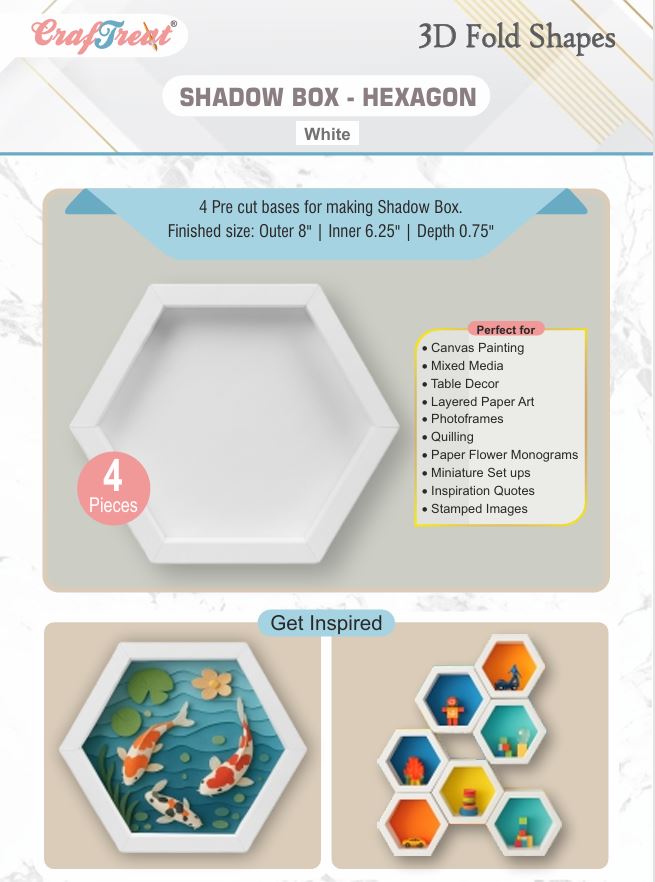 CrafTreat 3D Fold Shapes - Shadow Box White - Hexagon 4pcs-1