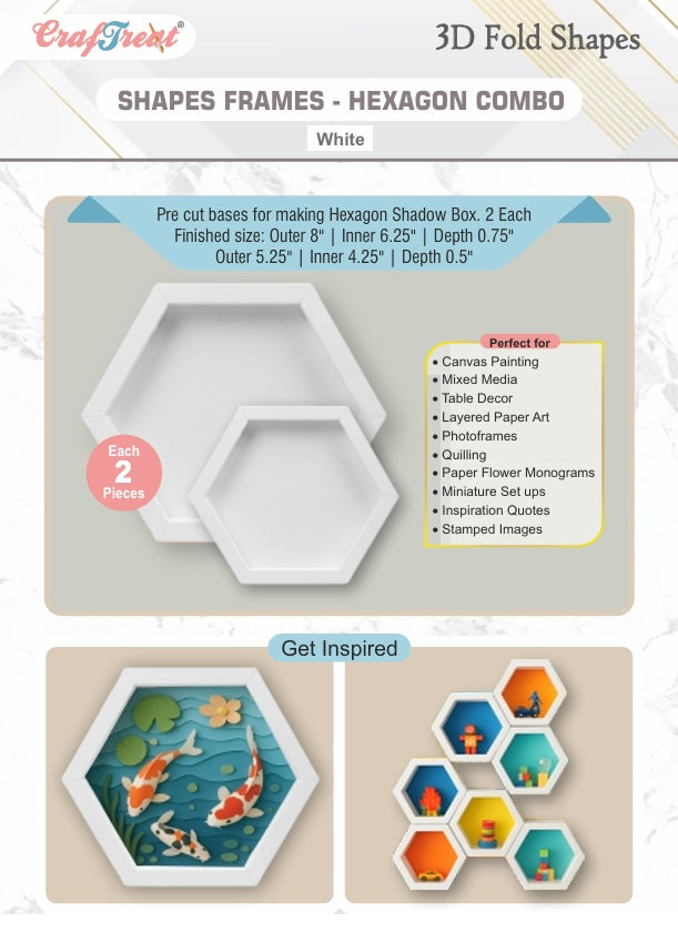 CrafTreat 3D Fold Shapes - Frames White - Hexagon Combo 4pcs-1