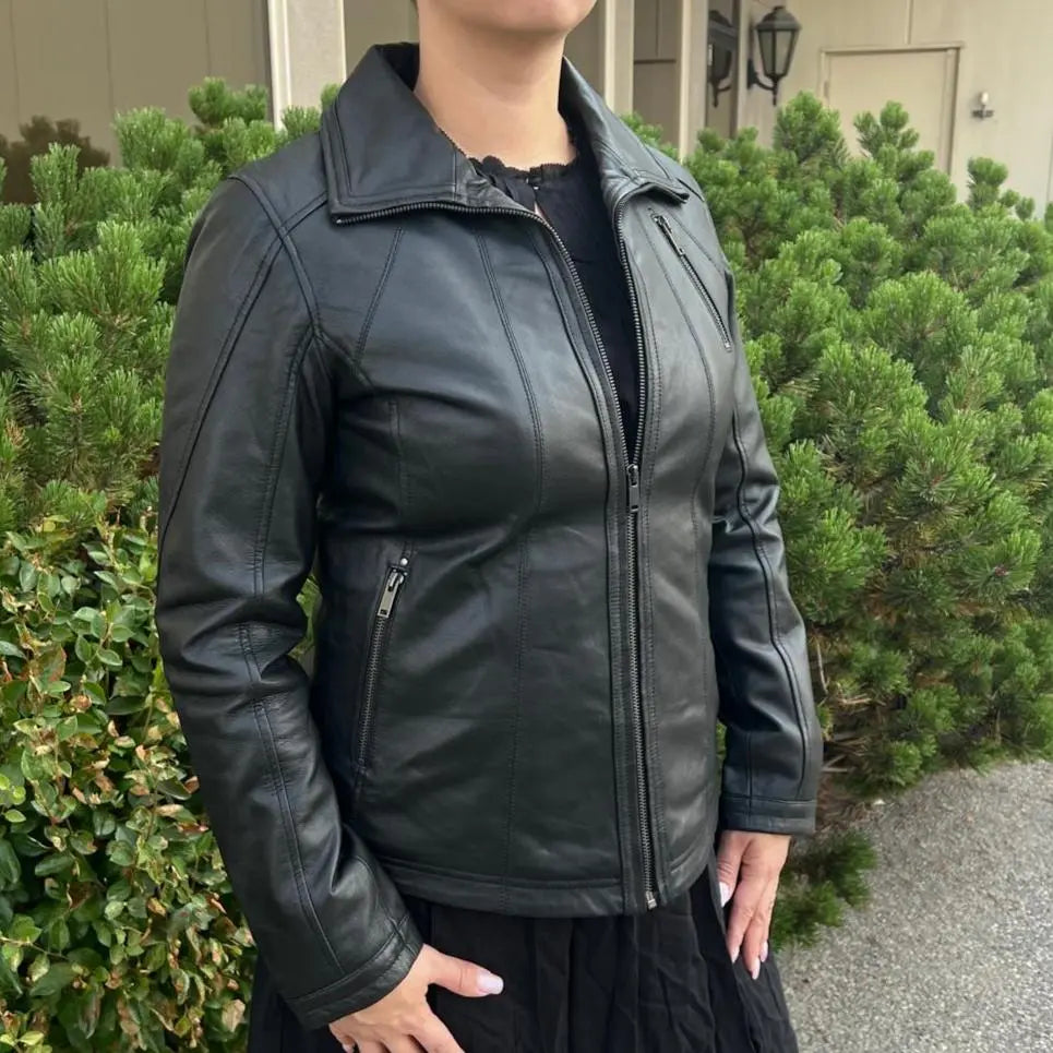 Classic Women's Lamb Leather Jacket with Regular Collar-1