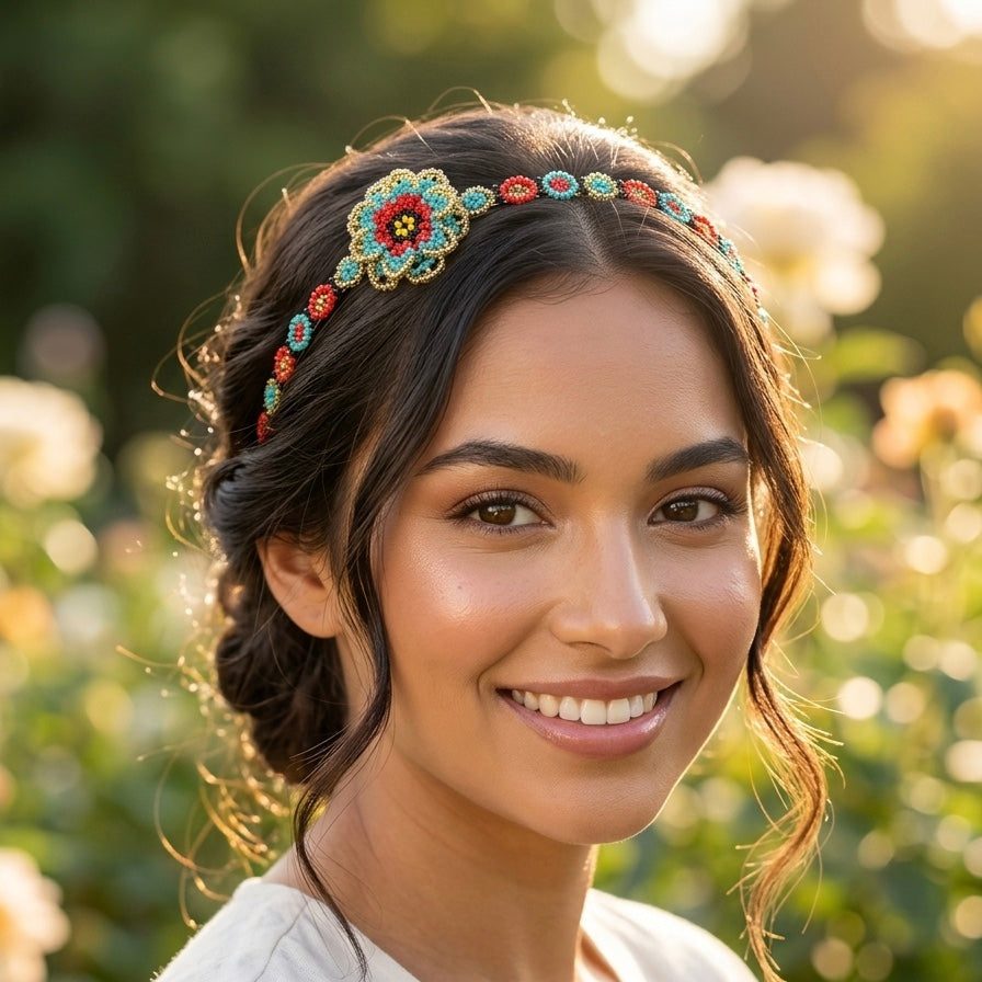 Beaded Headband with Flower Red-5