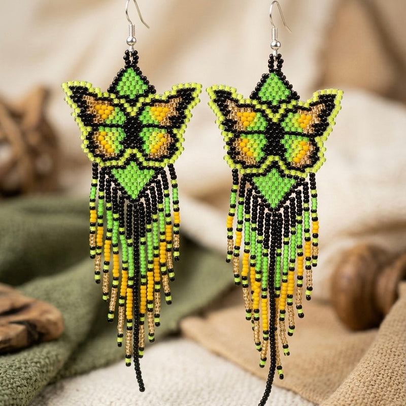 Green Beaded Dancing Wing Earrings-2