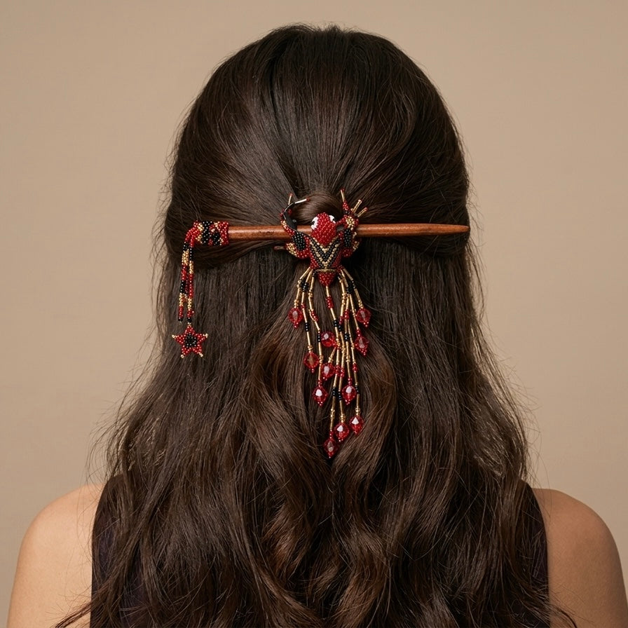 Red & Black Hummingbird Beaded Hair Stick-2