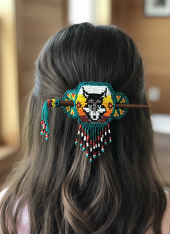 Wolf Fringed Beaded Barrette & Wooden Stick-3