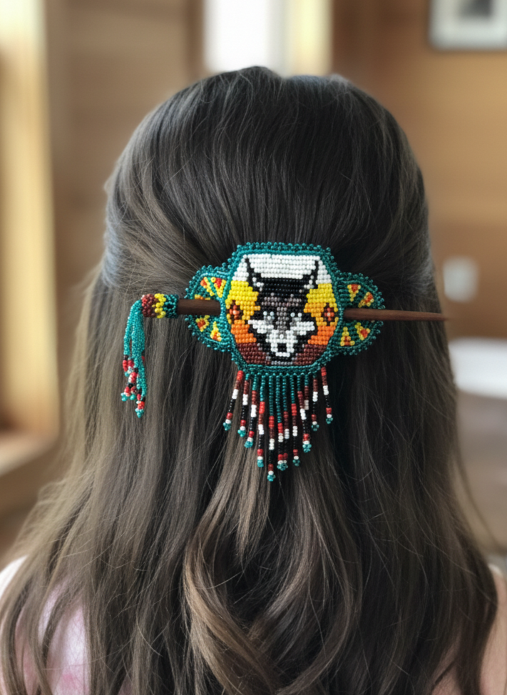 Wolf Fringed Beaded Barrette & Wooden Stick-3