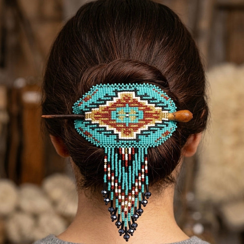 Wisdom Star Fringed Beaded Barrette & Wooden Stick-3