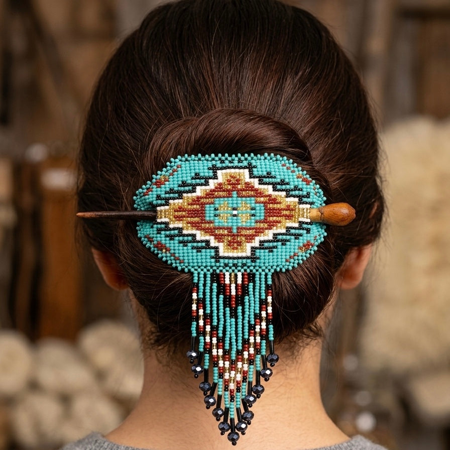 Wisdom Star Fringed Beaded Barrette & Wooden Stick-3