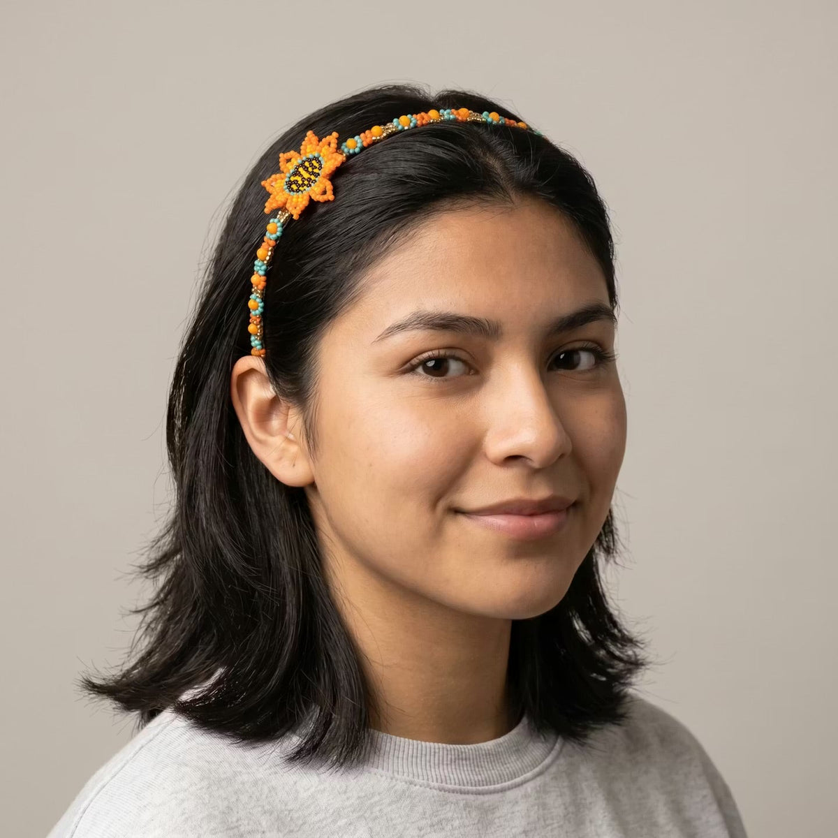 Beaded Headband with Flower Orange