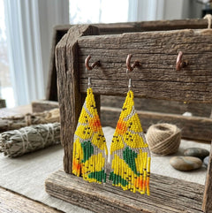 Flower Fringe Beaded Earrings (Yellow)-2