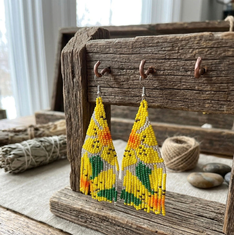 Flower Fringe Beaded Earrings (Yellow)-2