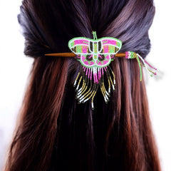 Pink and Green Wooden Stick Butterfly Beaded Barrette with Fringes-1