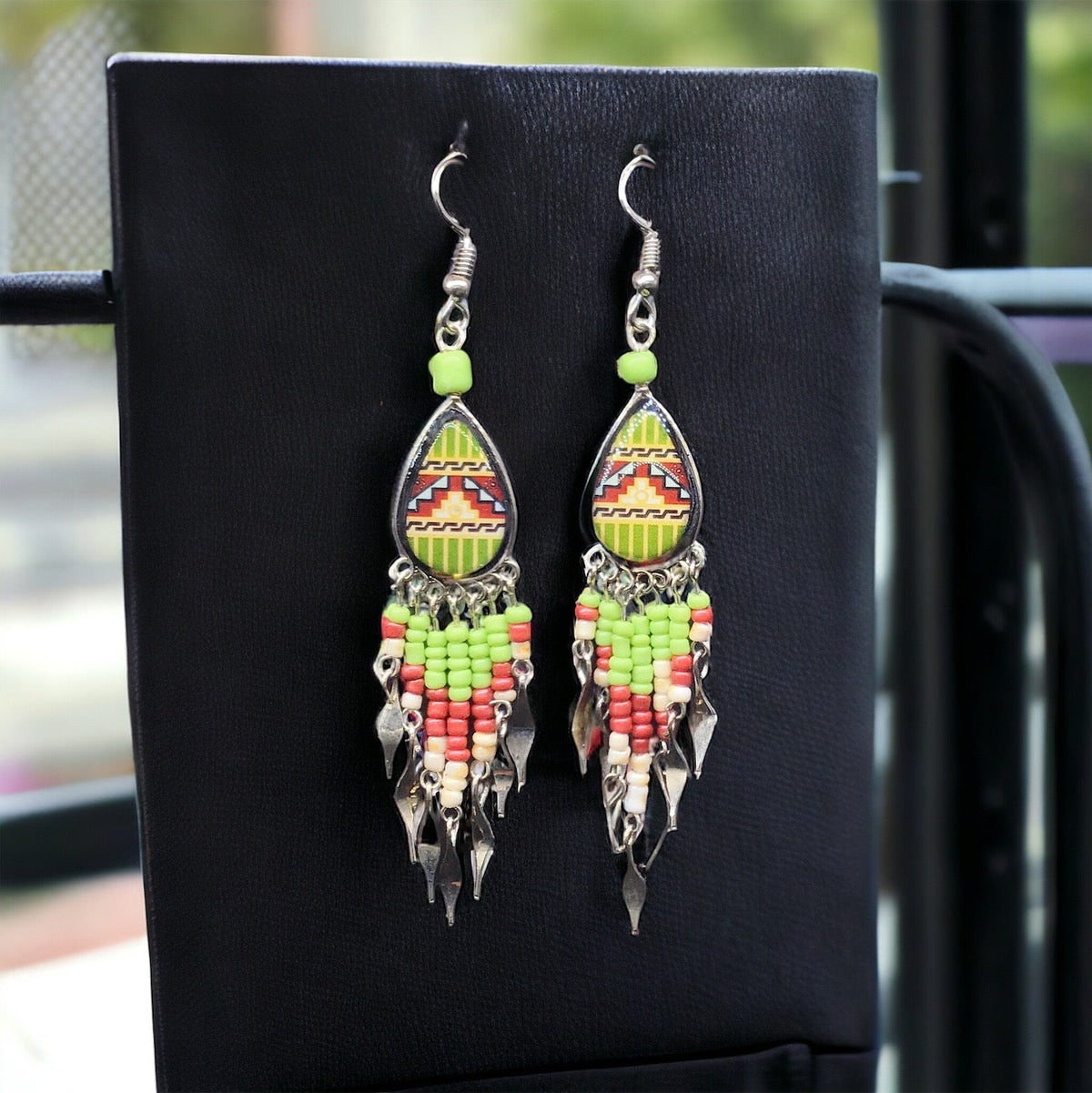 Small Sized Southwestern Green and Red Teardrop Earrings