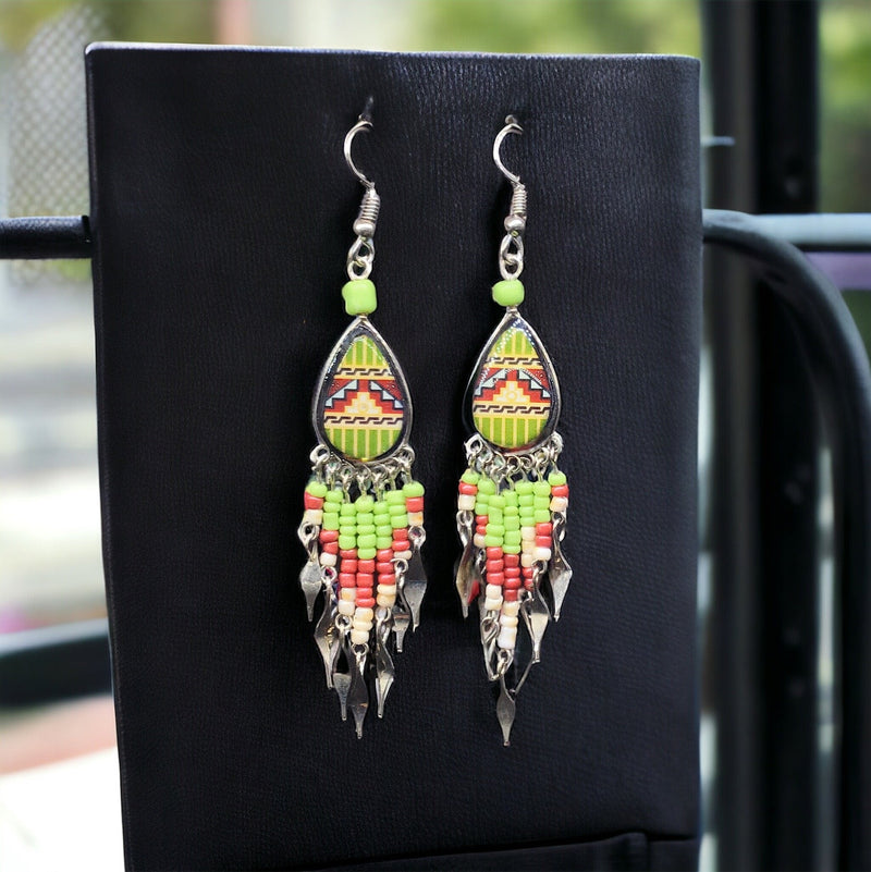 Small Sized Southwestern Green and Red Teardrop Earrings-1