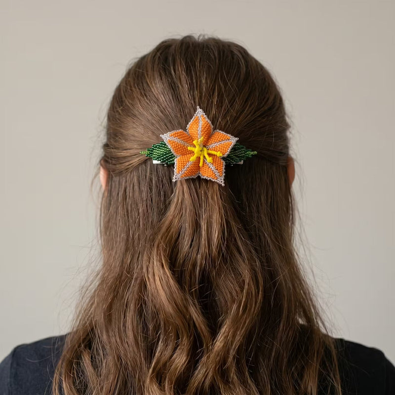 Orange Ember Bloom Beaded Hair Barrette-2