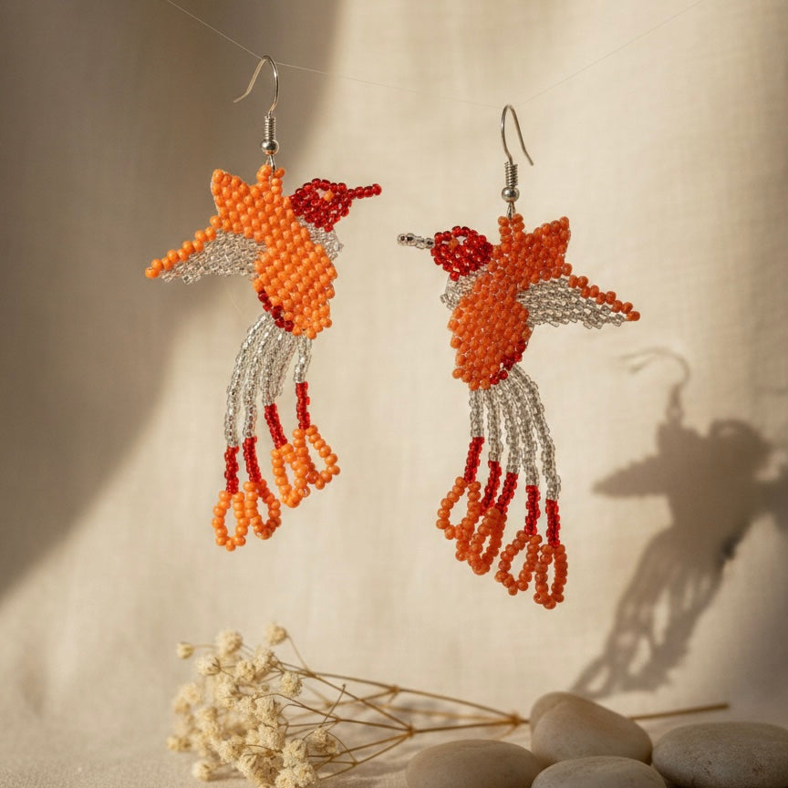 Handmade Beaded Hummingbird Earrings – orange /white-2