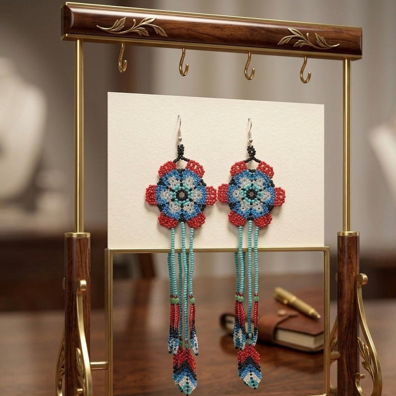 Sun Feather Bloom Beaded Earrings- black/turquoise-1