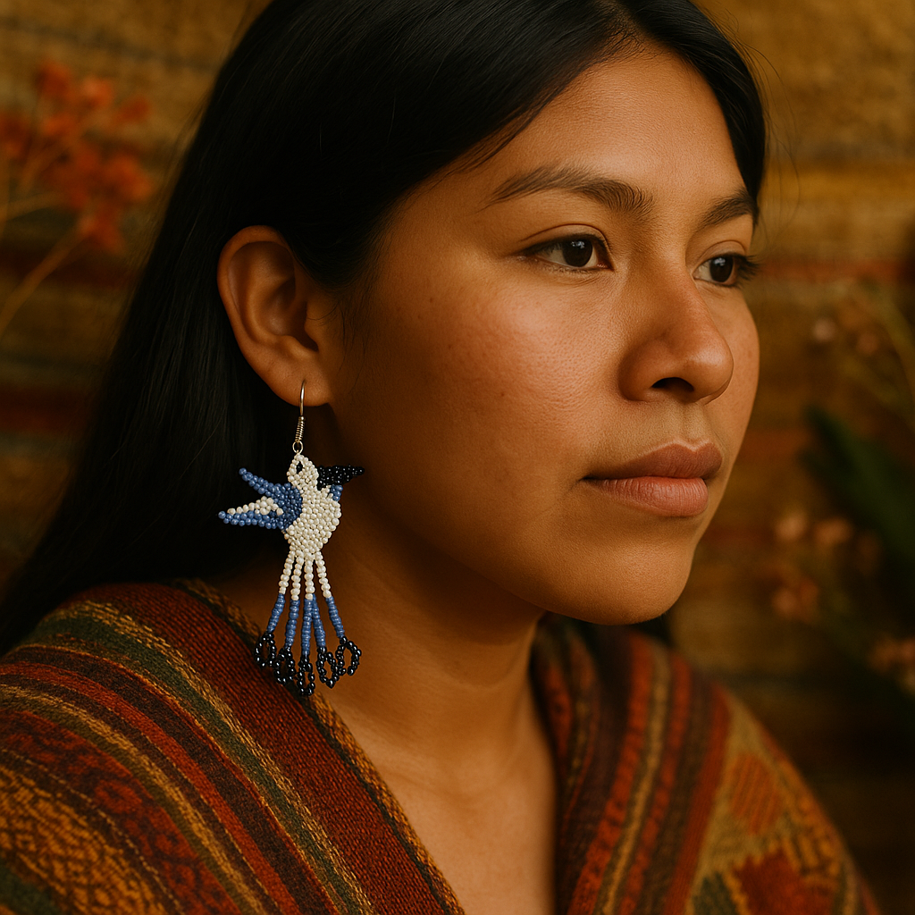 Handmade Beaded Hummingbird Earrings – Blue & White-1
