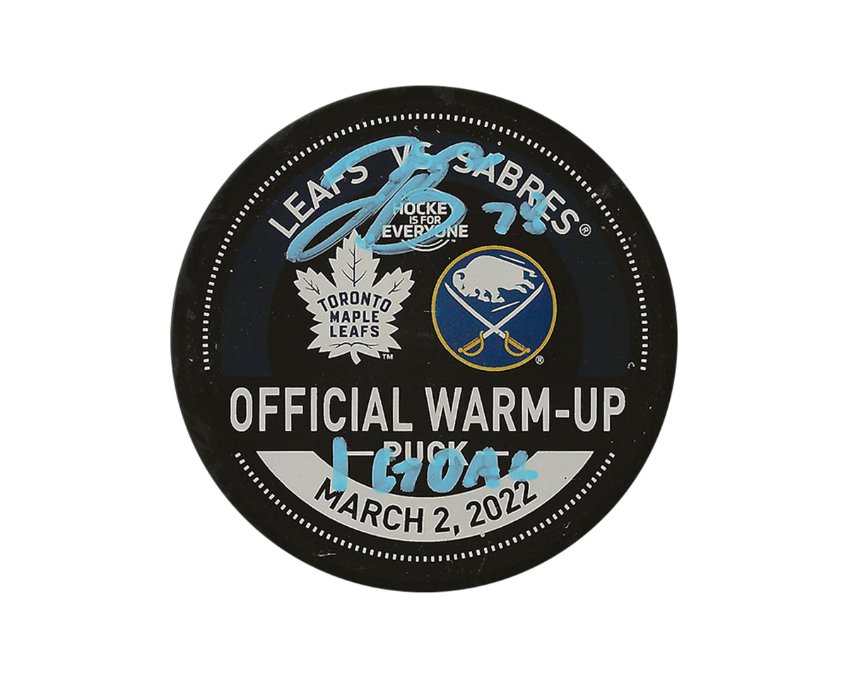 Palet utilisé lors de l'échauffement des Maple Leafs de Toronto, signé par Jacob Bryson avec l'inscription "1 Goal"