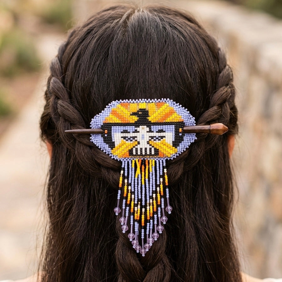 Eagle Fringed Beaded Barrette & Wooden Stick-1