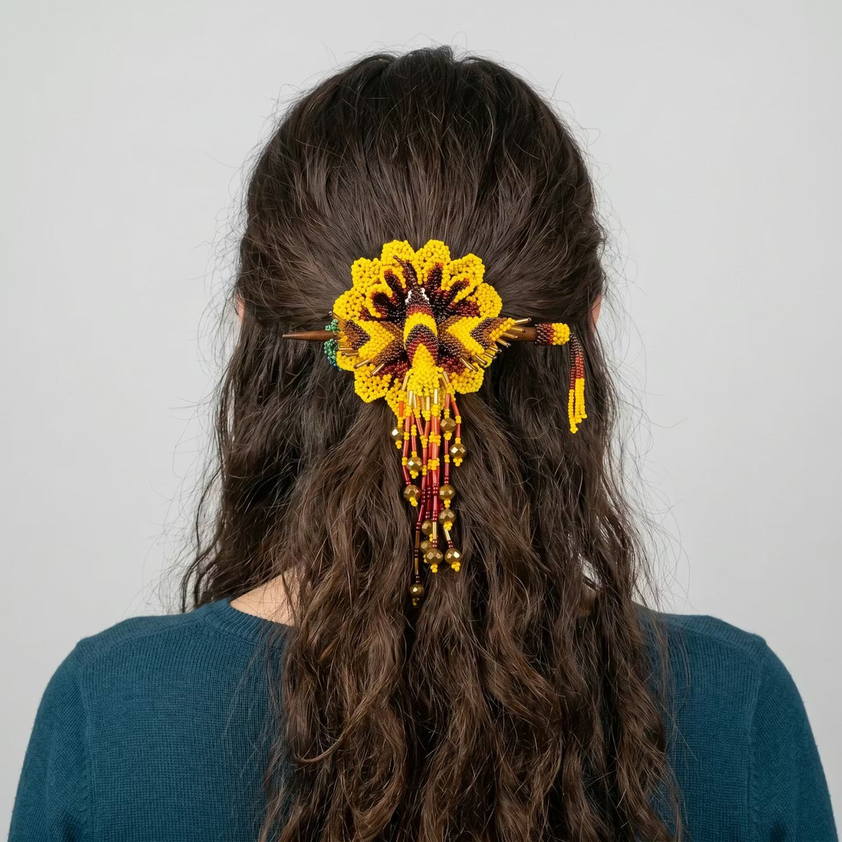 Maple Blossom Hummingbird Beaded Hair Stick Barrette Yellow-2