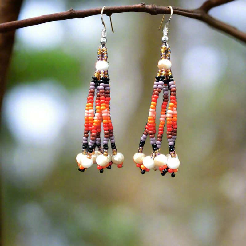 Moss Brown Six-Strand Beaded Cascade Earrings-1
