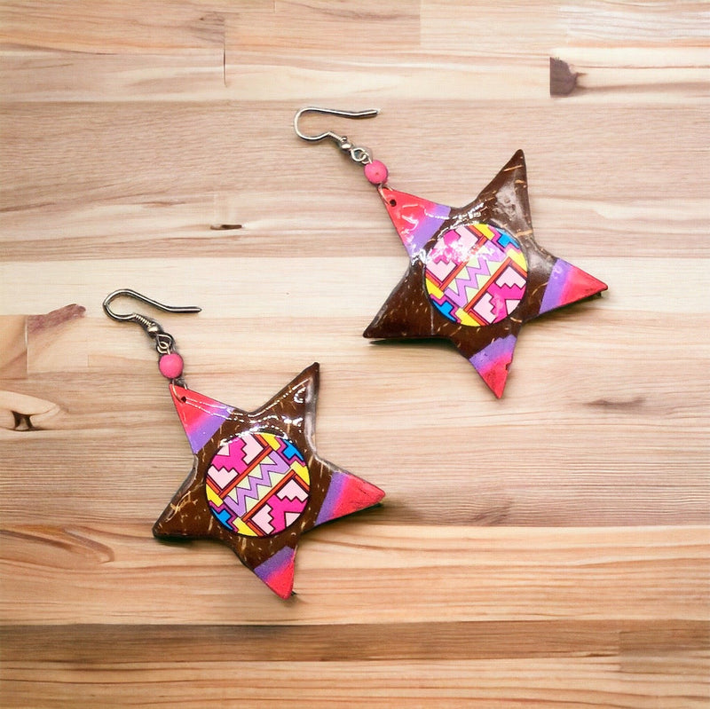 Painted Wood Pink Star Earrings-2